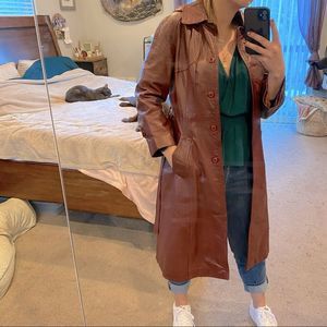 Vintage Red Brown Long Leather Jacket w/ Button Front & Tie Waist